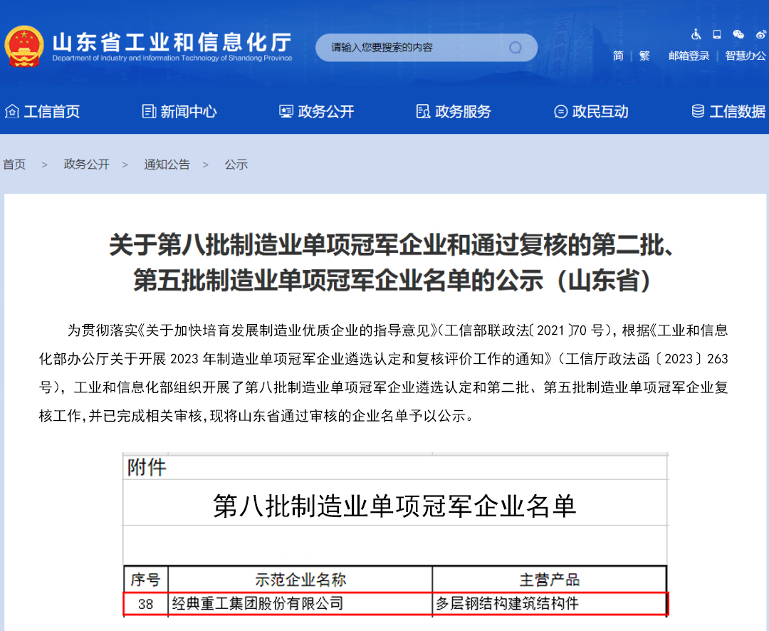 经典集团获评国家级制造业单项冠军树模企业